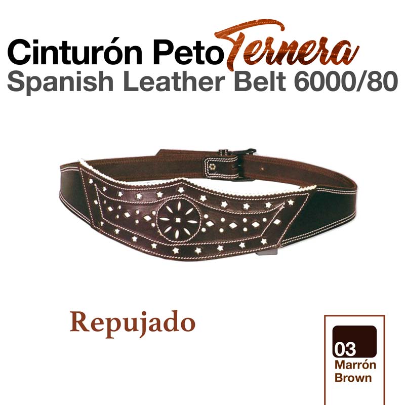 cinto de pele castanha com decoração repuxada e costura branca