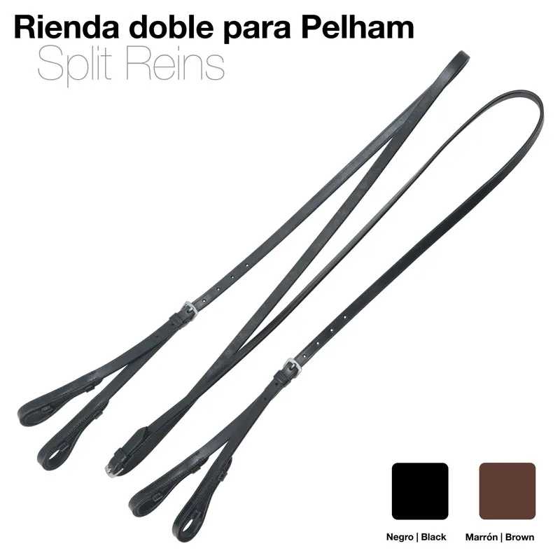 Rienda dupla para Pelham, couro preto e castanho, com argolas metálicas, em fundo branco
