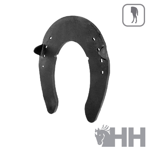 Ferradura metálica preta com orifícios em fundo branco e logo HH