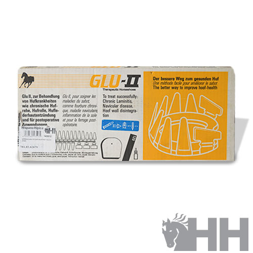 Embalagem do produto GLU-II para tratamento veterinário com rotulagem trilingue e ilustração