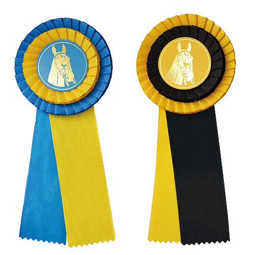 Dois prémios em fita azul e amarelo e amarelo e preto com imagem de cavalo no centro