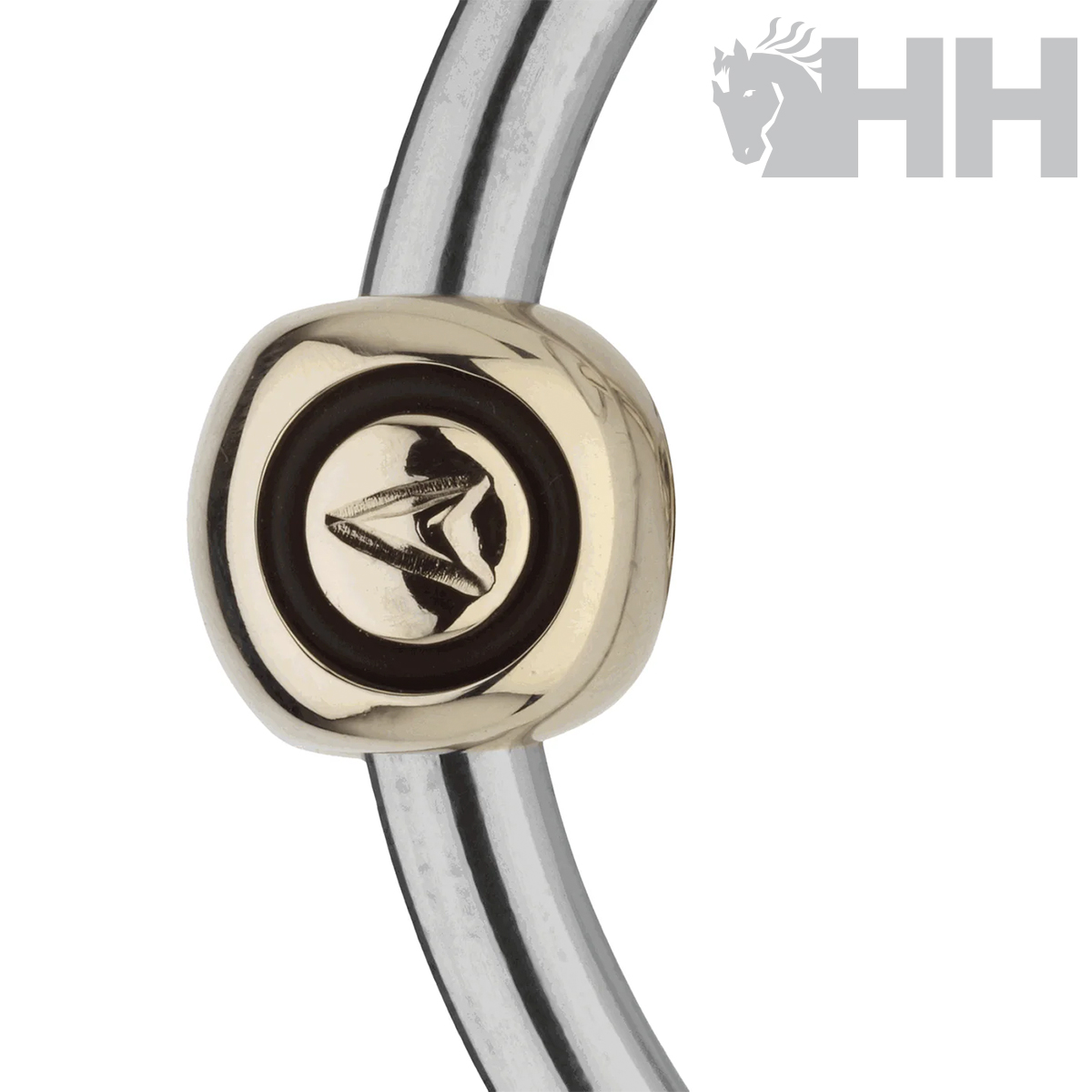 Anel de metal prateado com separador dourado redondo com padrão e símbolo preto