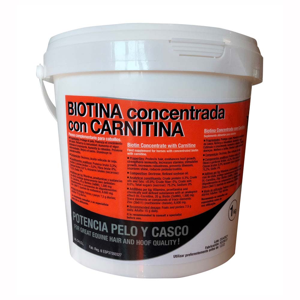 Balde branco com suplemento para cavalos Biotina concentrada com Carnitina