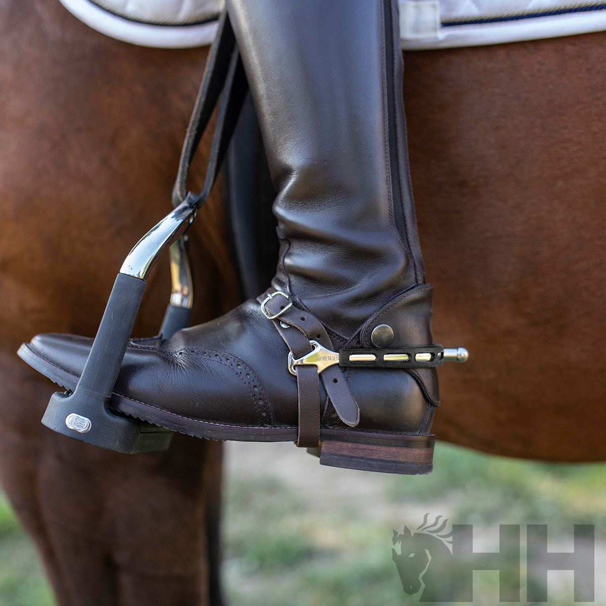 Bota de equitação castanha com esporas metálicas em cima de cavalo castanho