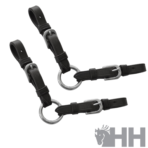 Par de acessórios equinos pretos em couro com fivelas metálicas e argolas