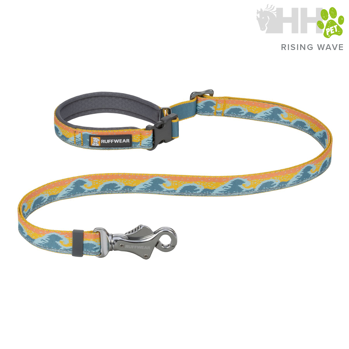 Trela para cão com padrão de ondas azuis e amarelas, fecho metálico prateado, marca RUFFWEAR.