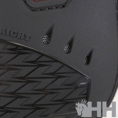 close-up de produto preto com textura em ziguezague e palavra RIGHT