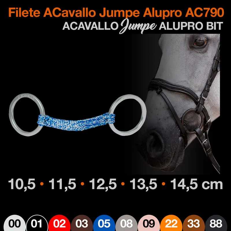 Filete ACavallo Jumpe Alupro AC790 azul com argolas metálicas e cavalo usando o filete