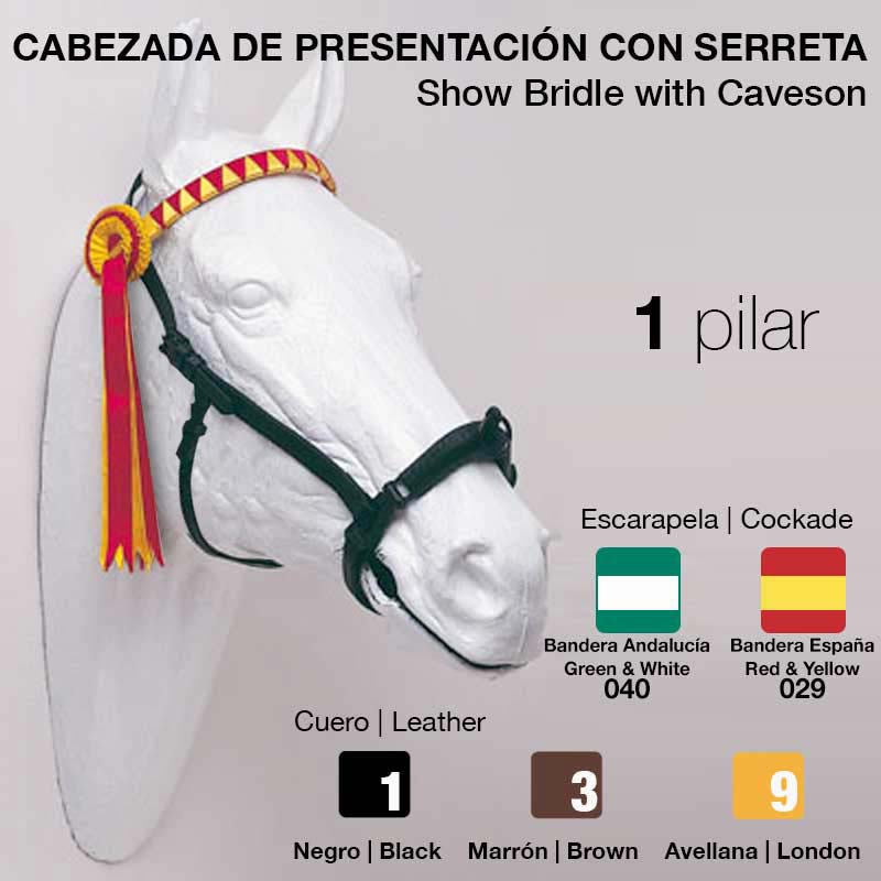 Cabeçada de apresentação em couro preto com serreta vermelha e amarela em cabeça de cavalo branca