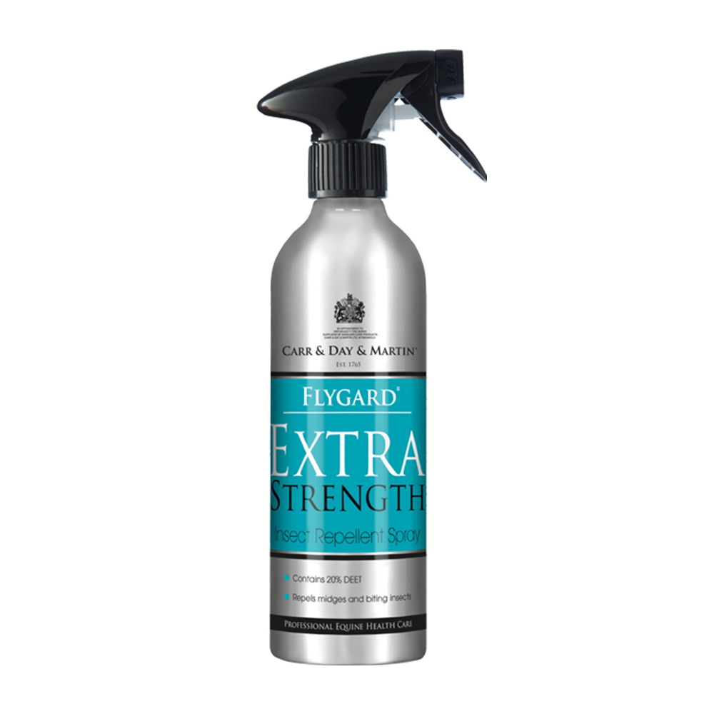 Spray repelente de insetos Flygard Extra Strength em frasco prateado com aplicador preto