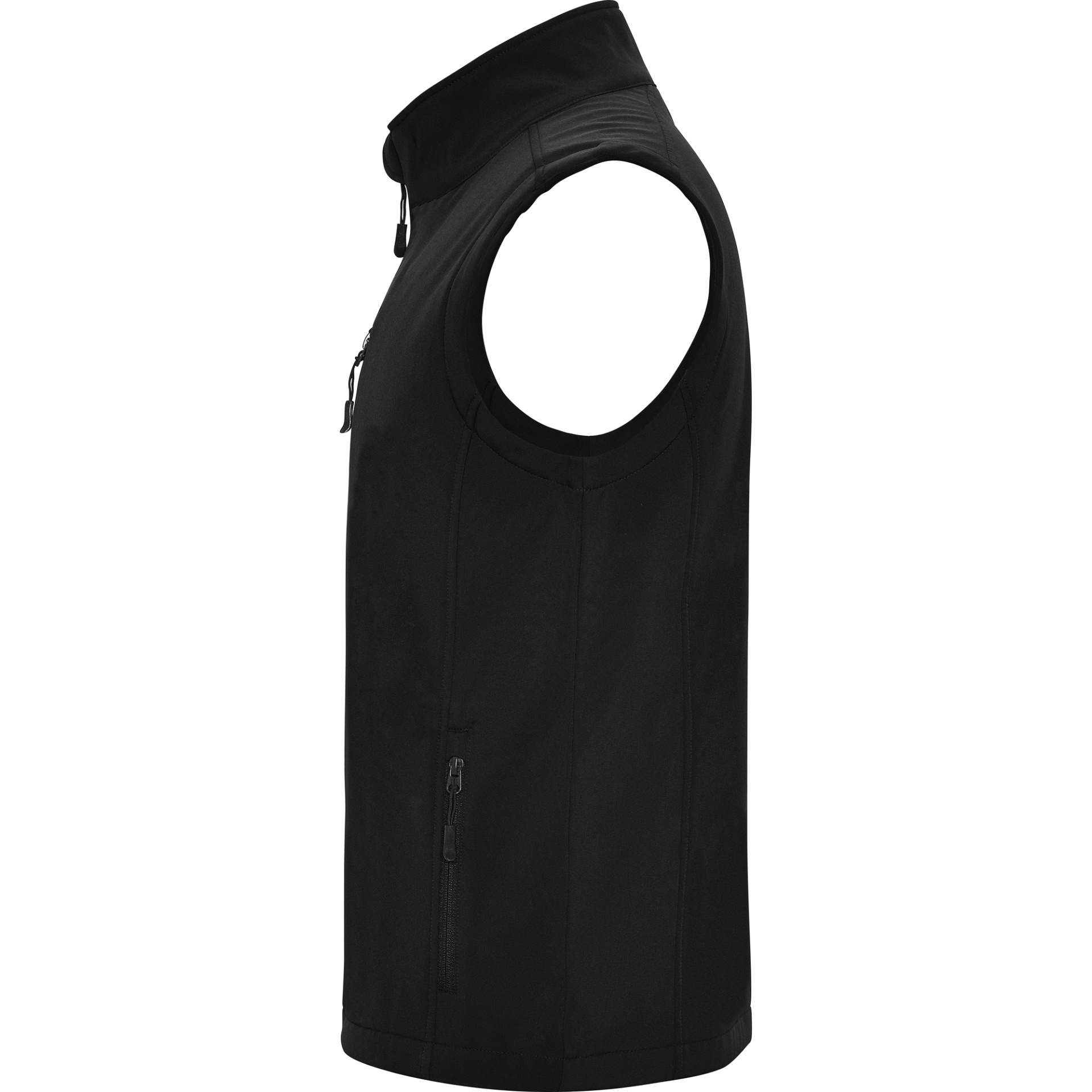 Colete masculino preto sem mangas com fecho zip frontal e bolsos