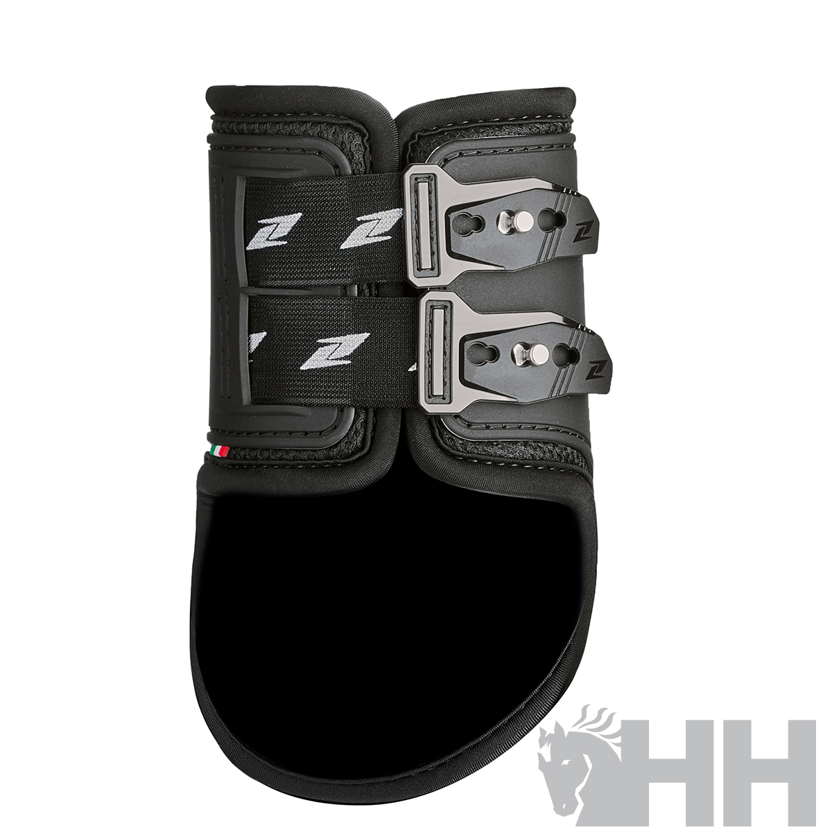 Protector preto para cavalo com fivelas metálicas e tiras pretas com padrão branco