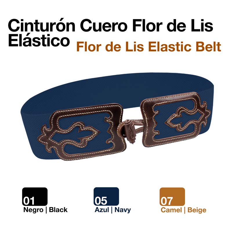 Cinto elástico azul marinho com fivelas em couro castanho com design flor de lis