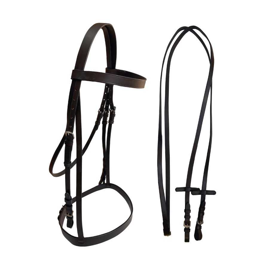 Conjunto de cabeçada e rédeas em couro castanho para equitação