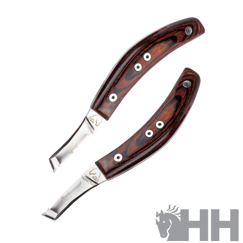 Dois cutelos com lâminas metálicas e cabos de madeira escura com rebites