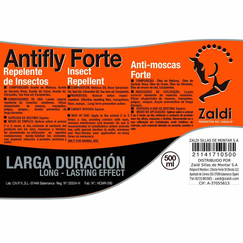 Etiqueta de Antifly Forte repelente de insetos para equídeos, laranja e preta