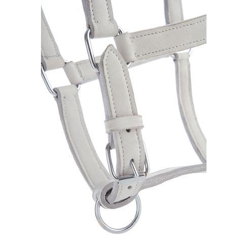 Cabresto branco em couro com fivelas de metal e argola circular