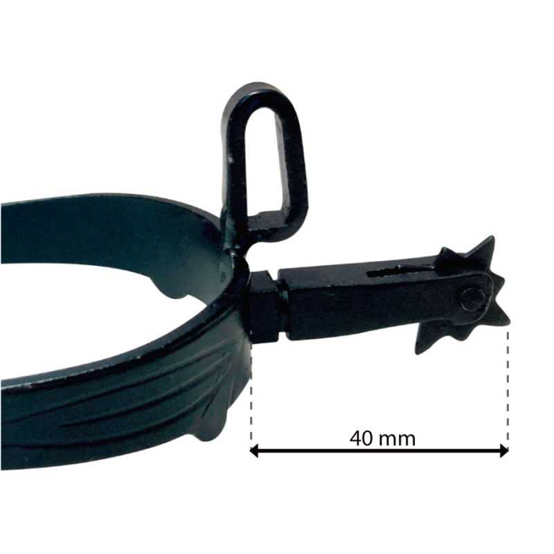 Suporte metálico preto com detalhe em forma de estrela e alça, medindo 40 mm