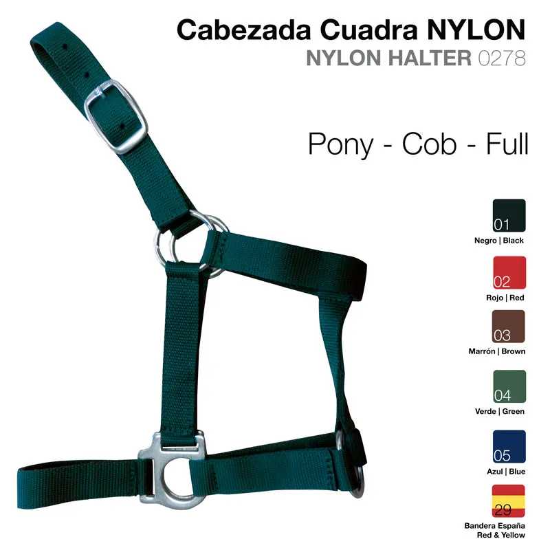 Cabeçada de nylon verde ajustável para cavalo com fivelas metálicas e tabela de cores ao lado