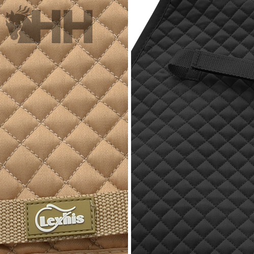 Tecidos acolchoados bege e preto com etiqueta Lexnis e logótipo HH