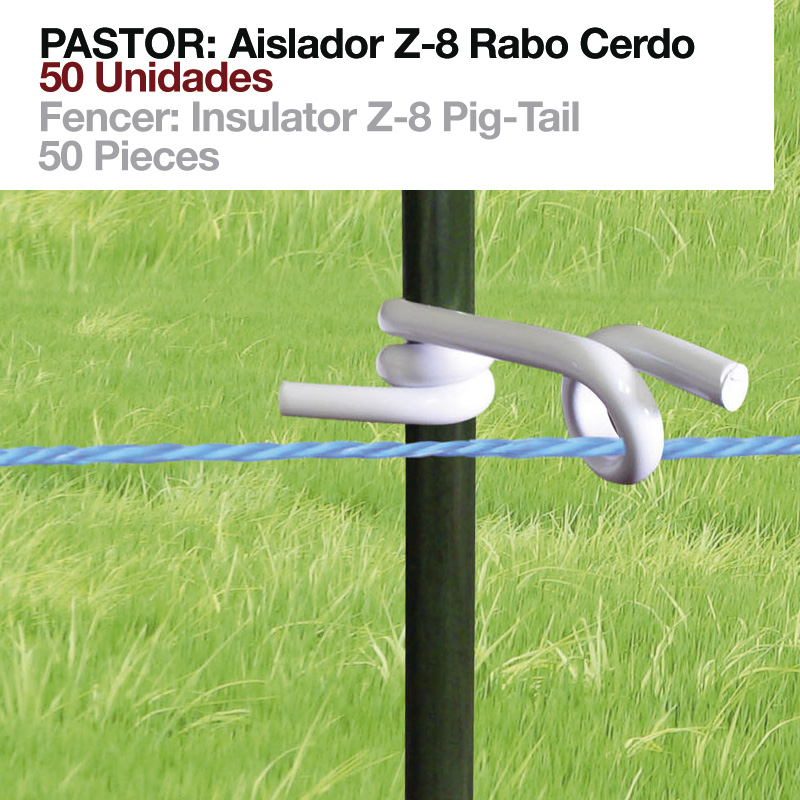Isolador Z-8 Rabo Cerdo cinza claro em cerca elétrica com fio azul e poste preto sobre relva.