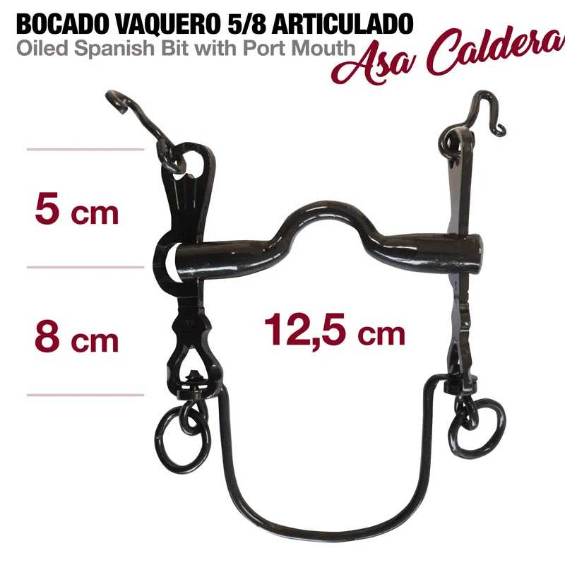 Bocado vaqueiro 5/8 articulado em metal negro com medidas em vermelho e texto explicativo