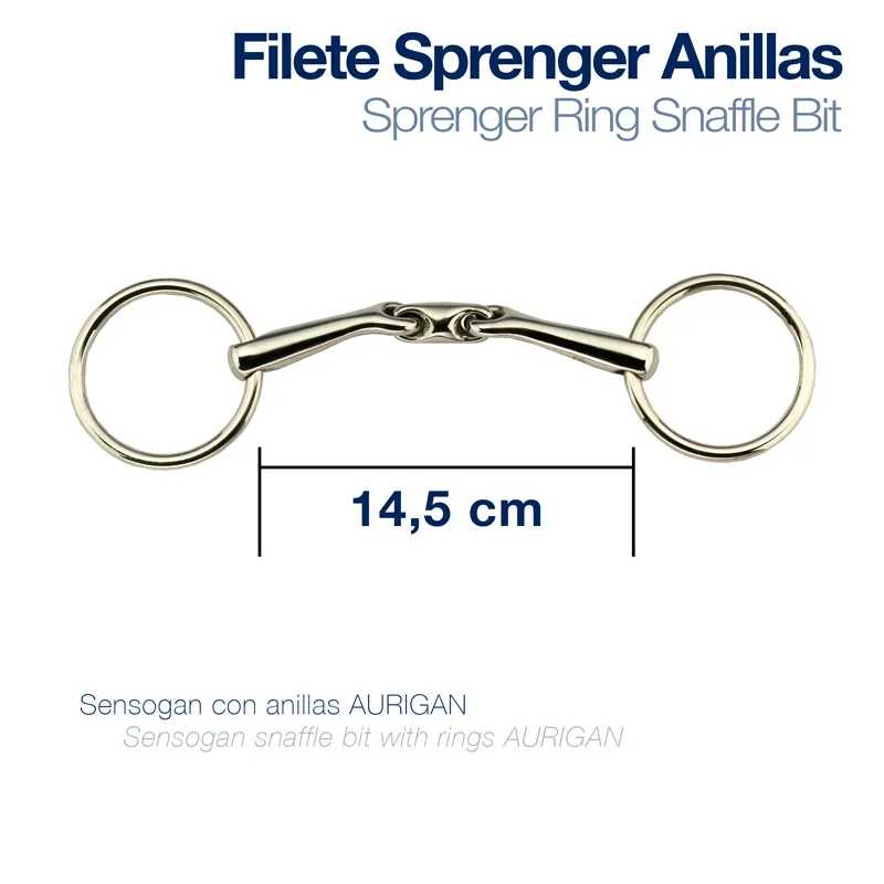 bocado tipo snaffle ring Sprenger em metal prateado com anéis circulares e texto