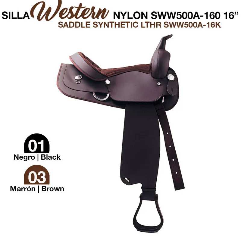 Sela western sintética em nylon e couro sintético nas cores negro e marrom