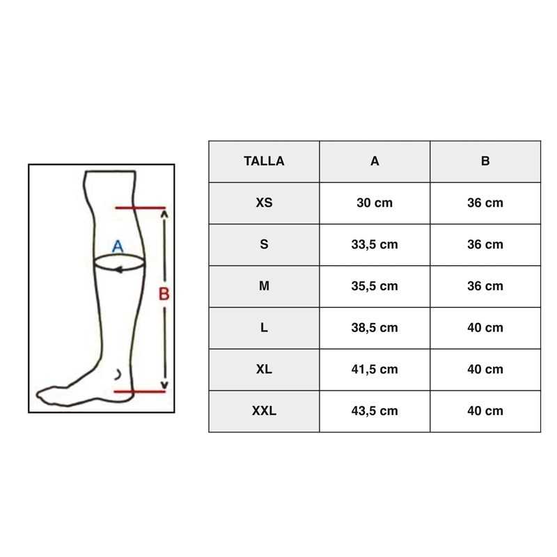 Tabela de tamanhos de perna com medidas A e B para XS a XXL
