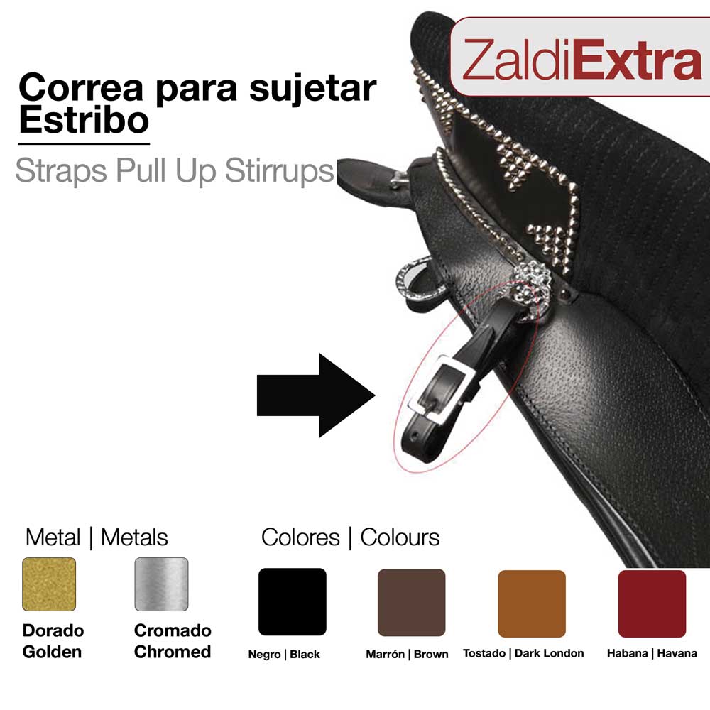 Correia preta para estribo com fivela metálica e opções de cores e metais ZaldiExtra