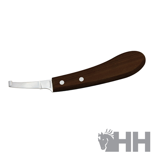 Faca para cascos com cabo de madeira castanha e lâmina curva