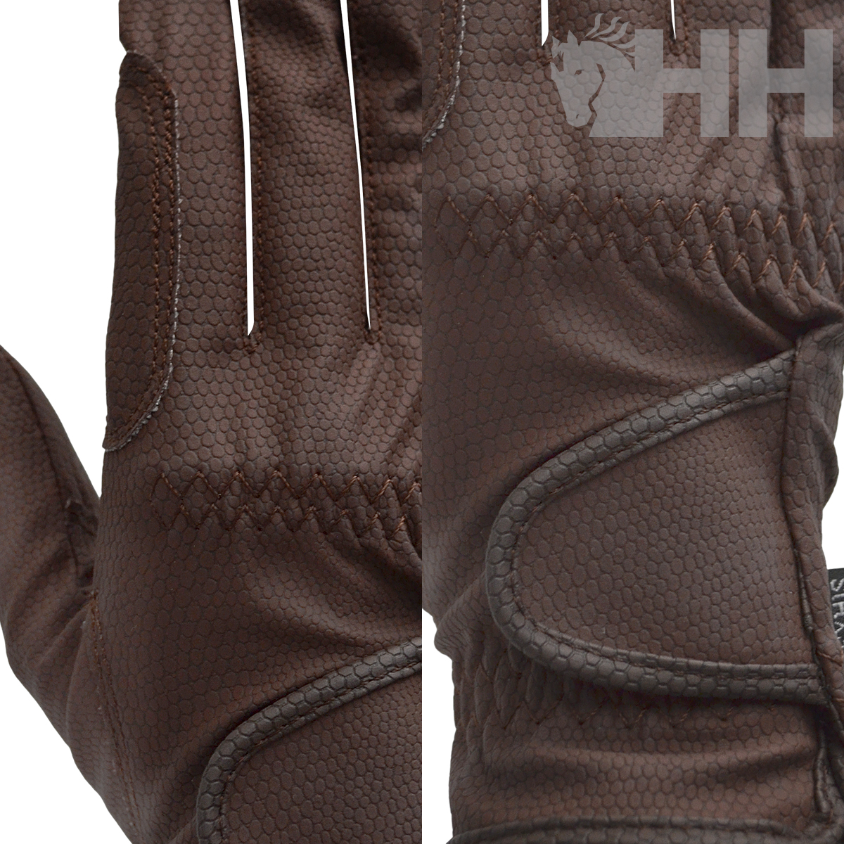 Par de luvas castanhas com textura hexagonal e fecho de velcro