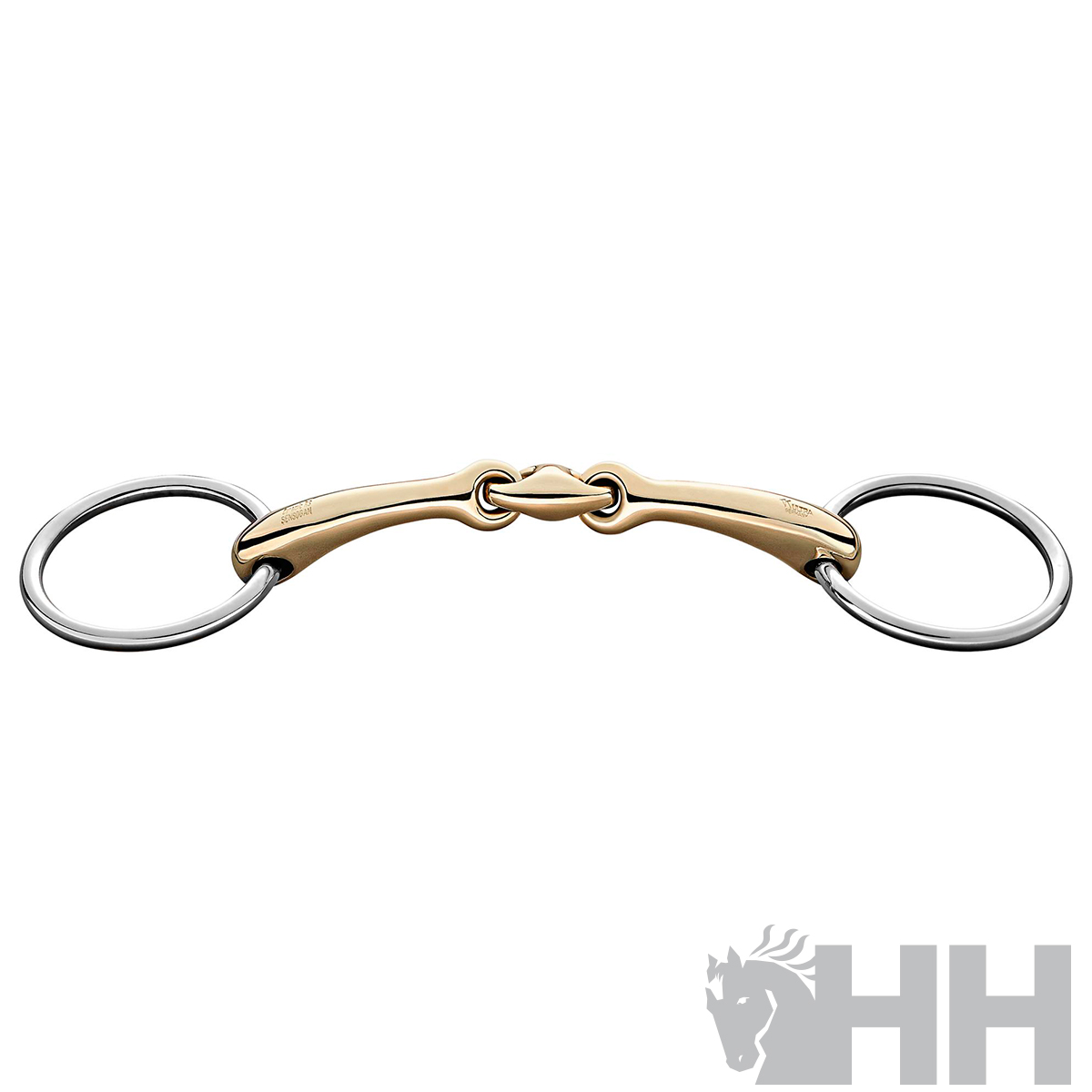 Freio metálico para cavalo com bocal dourado e argolas prateadas