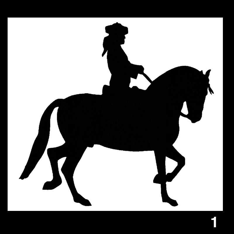 Silhueta preta de cavaleiro montado num cavalo sobre fundo branco com número 1