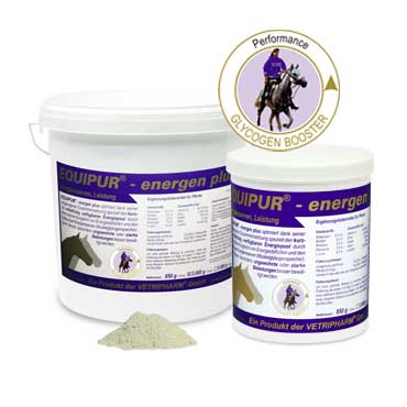 Suplementos EQUIPUR®-energen plus para cavalos em embalagem branca e rótulo azul e branco