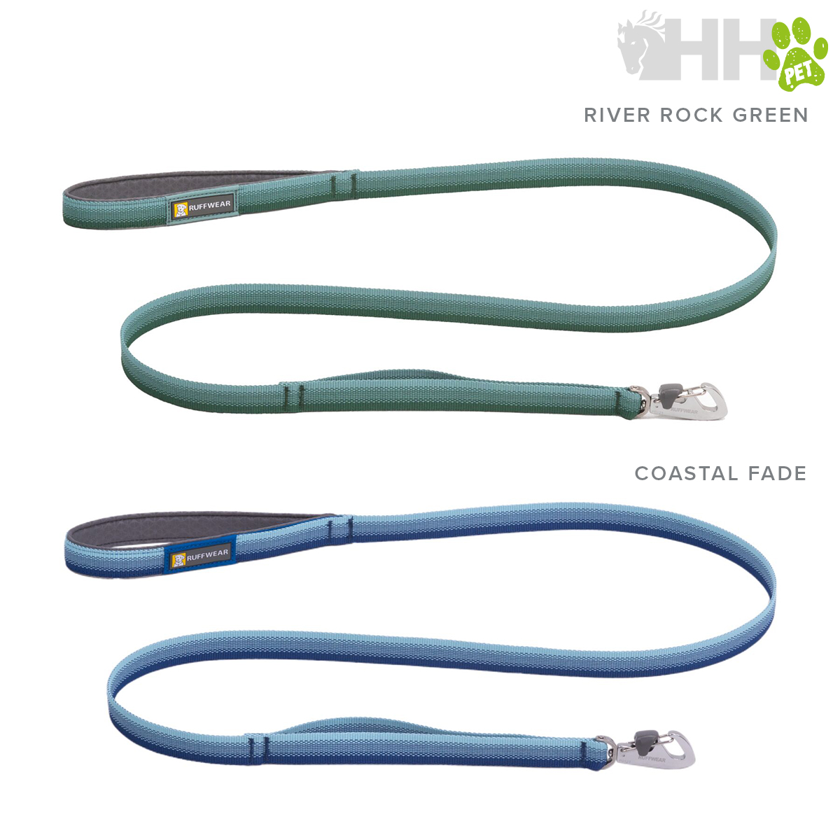 Duas trelas para cães, verde e azul, com ganchos metálicos