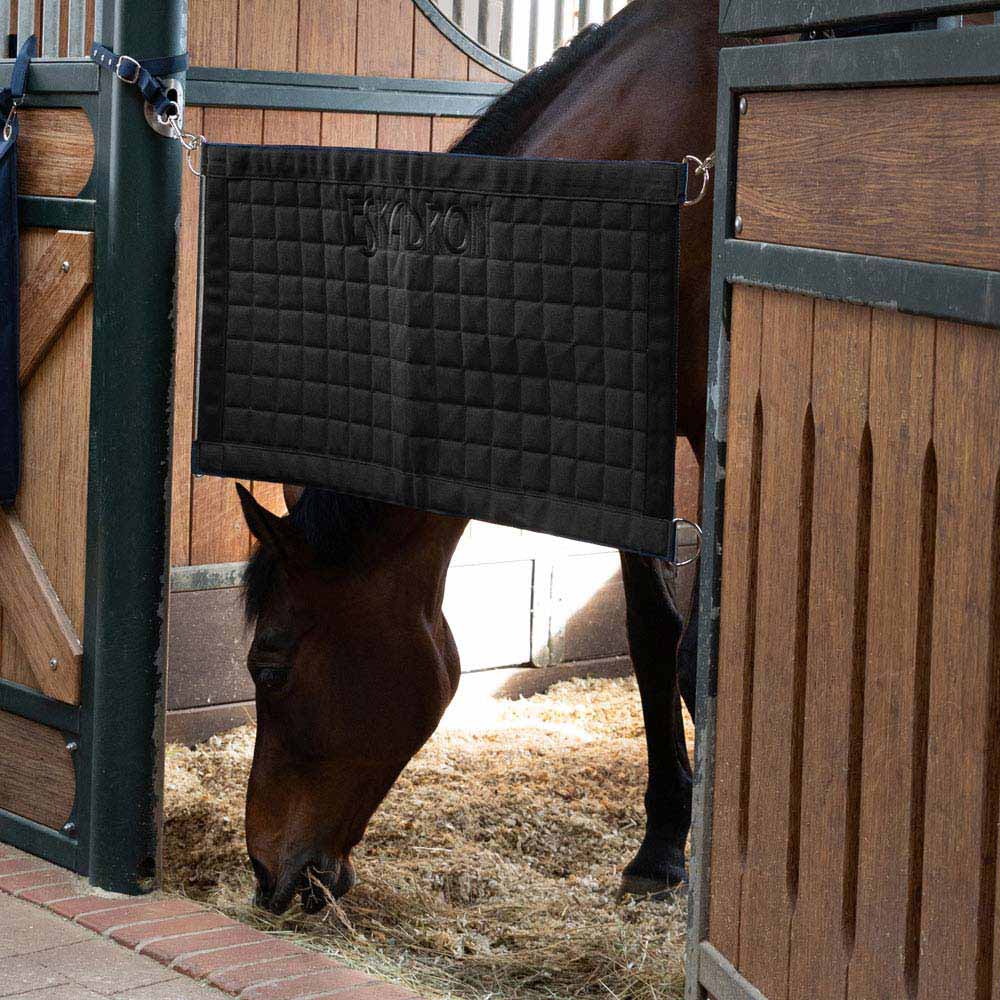 Painel divisório preto acolchoado em estábulo com cavalo