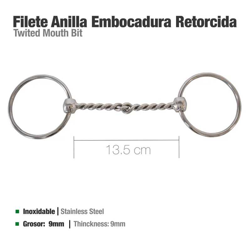 Filete anilla embocadura retorcida em aço inoxidável com 13,5 cm e 9 mm