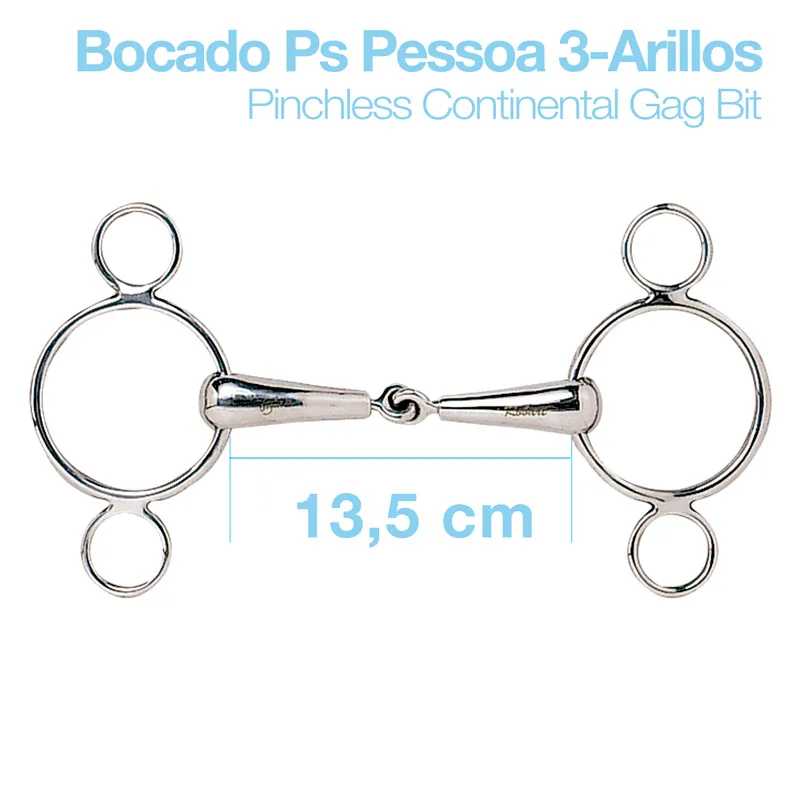 Bocado metálico de 13,5 cm com três argolas, estilo continental.