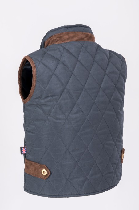 Colete acolchoado cinzento com detalhes castanhos e padrão de losangos
