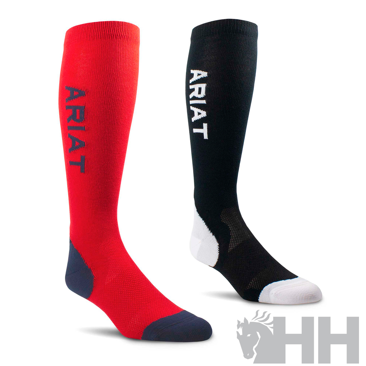 Dois pares de meias desportivas, vermelha e preta, com marca ARIAT em destaque.