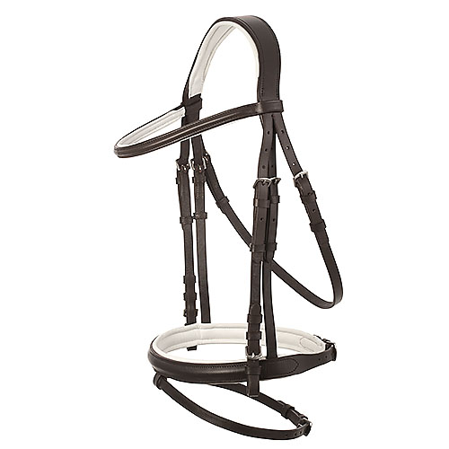 Cabeçada de cavalo em couro castanho com almofadado branco