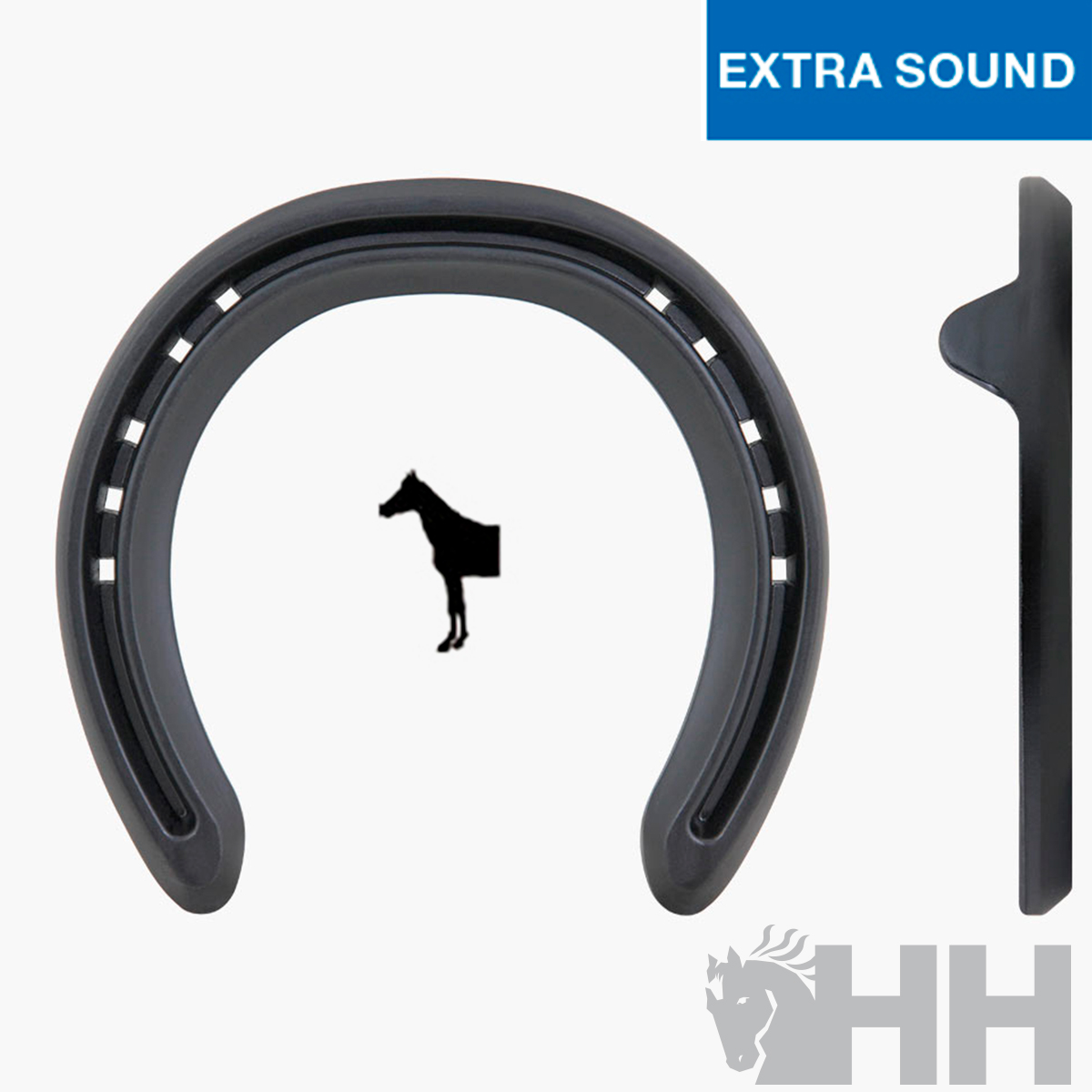 Ferradura preta para cavalo com texto EXTRA SOUND