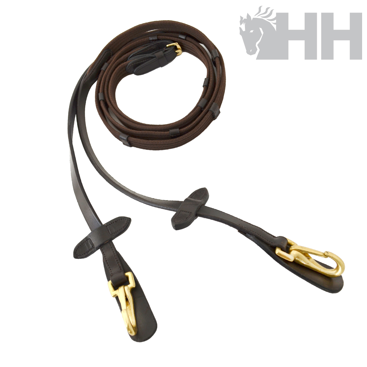 Rédea de cavalo em couro castanho escuro com peças metálicas douradas