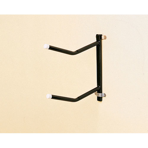 Suporte de parede preto com dois braços paralelos de pontas brancas.