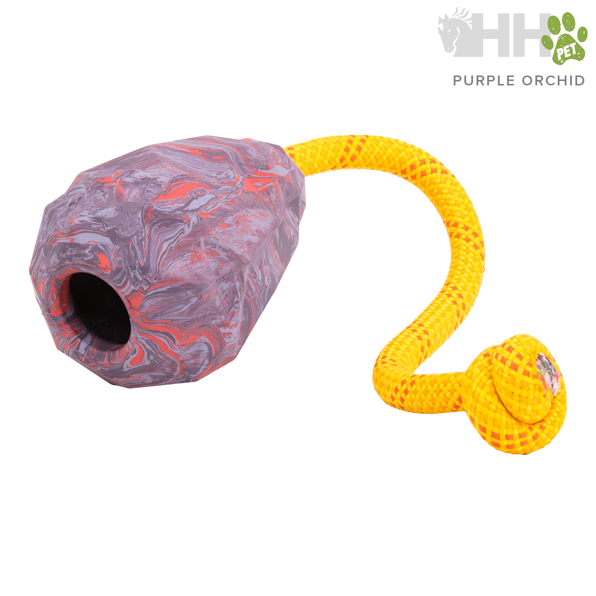 Brinquedo para cães bola cinza e vermelho com corda amarela.