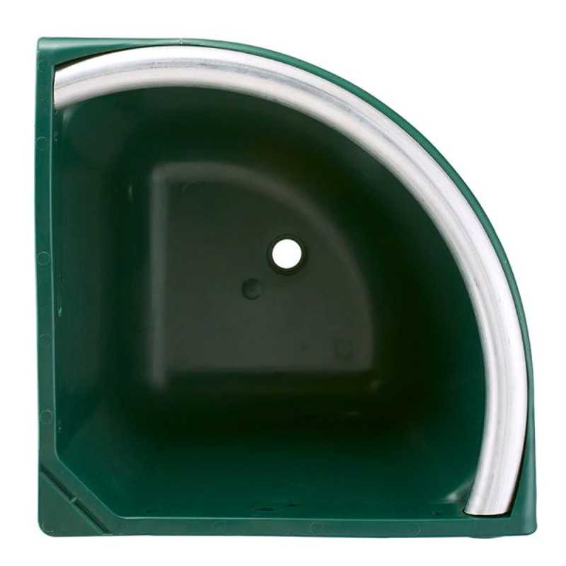 Tanque de canto em plástico verde escuro com rebordo branco visto de cima
