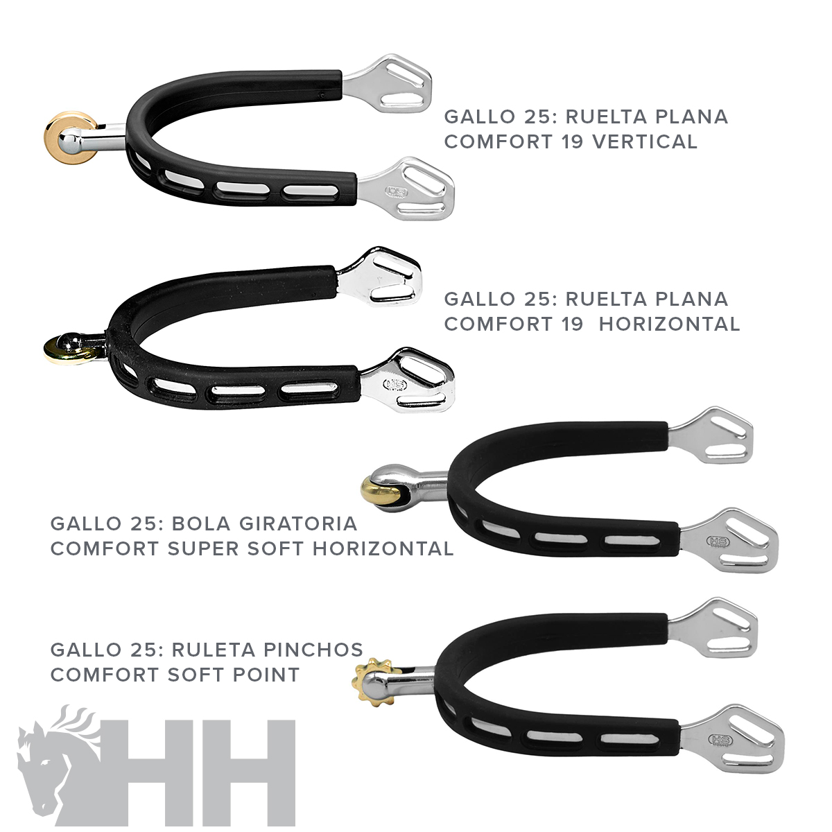 Esporas de equitação GALLO 25 com variados tipos de rodas e acabamento preto e prateado