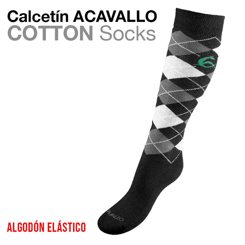 Meia Acavallo algodão elástico com padrão xadrez em cinza, branco e preto