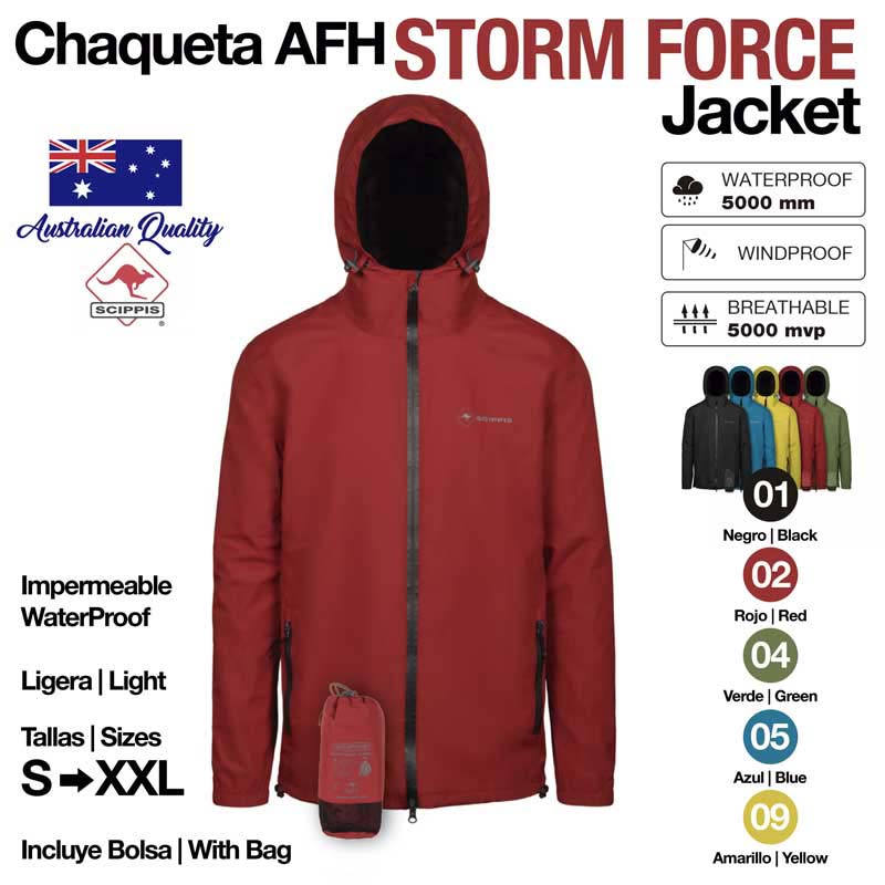 Jaqueta impermeável AFH Storm Force vermelha com capuz, zipper frontal, e bolsa, com ícones de características e paleta de cores.